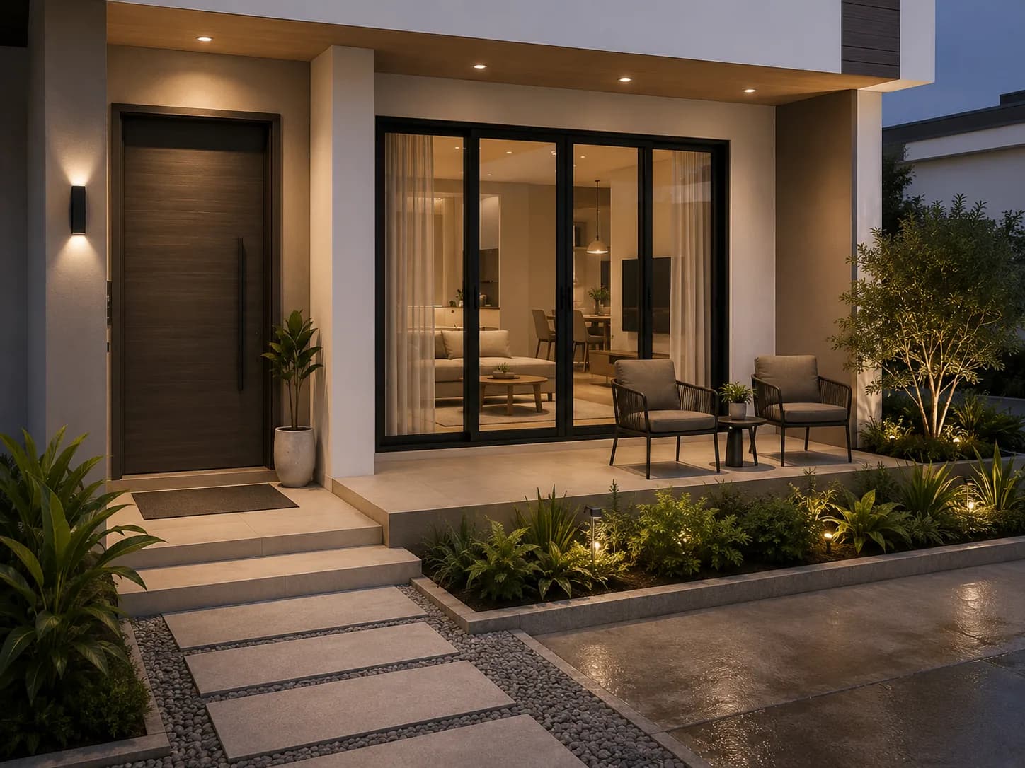 A house entrance with an aluminium sliding glass door onto the terrace. Concept render.