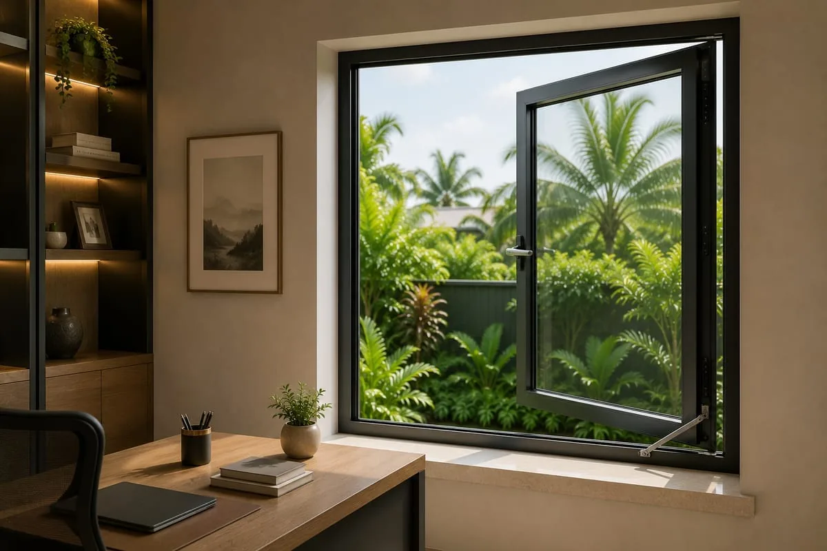 Concept render: a black-framed aluminium casement window held open on a friction stay in a study
