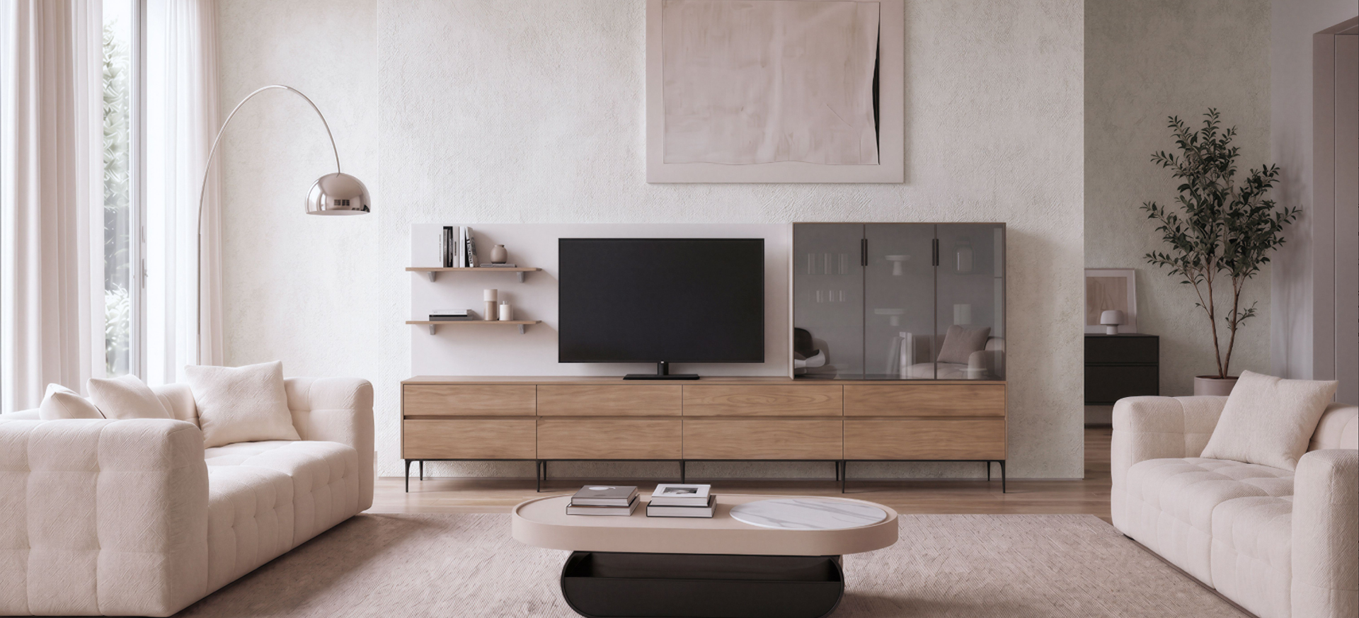 A FLYHOME living room — the modular system across the whole home
