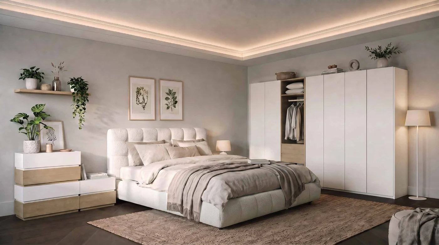A LegoLife FLYHOME bedroom with a fitted wardrobe and open shelving