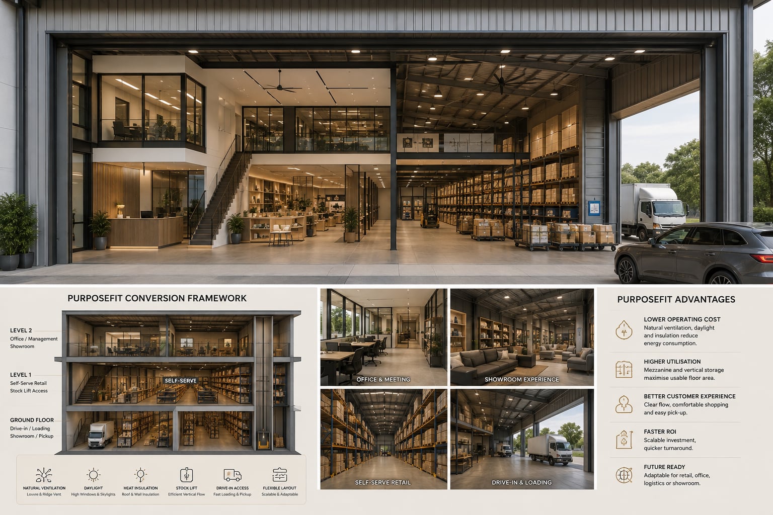 Purpose-Fit commercial conversion — office and meeting, showroom, self-serve retail and drive-in loading